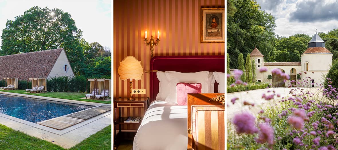 Piscine extérieure, chambre de luxe et entrée fleurie du Château de La Vallière, hôtel 5 étoiles en pleine nature.