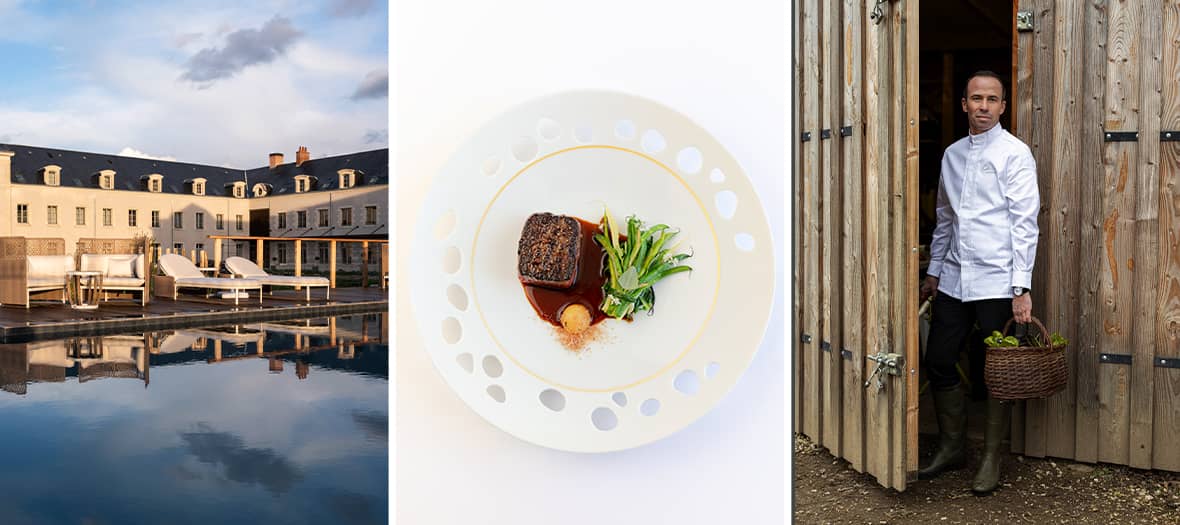 Piscine extérieure de l’hôtel Fleur de Loire à Blois, avec plat gastronomique et le chef Christophe Hay sortant du potager.