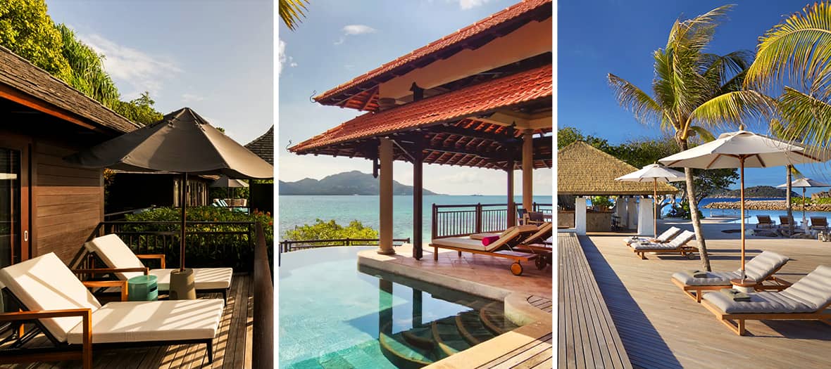 Vue d’ensemble des plus beaux hôtels de luxe aux Seychelles, avec piscines privées, terrasses face à l’océan et cadre paradisiaque.