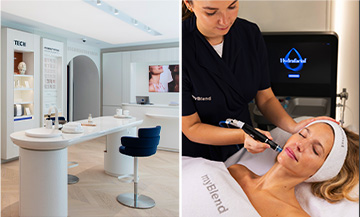 Cabine de diagnostic, fauteuil LED et soin Hydrafacial à la Maison myBlend, institut de beauté high-tech à Paris.