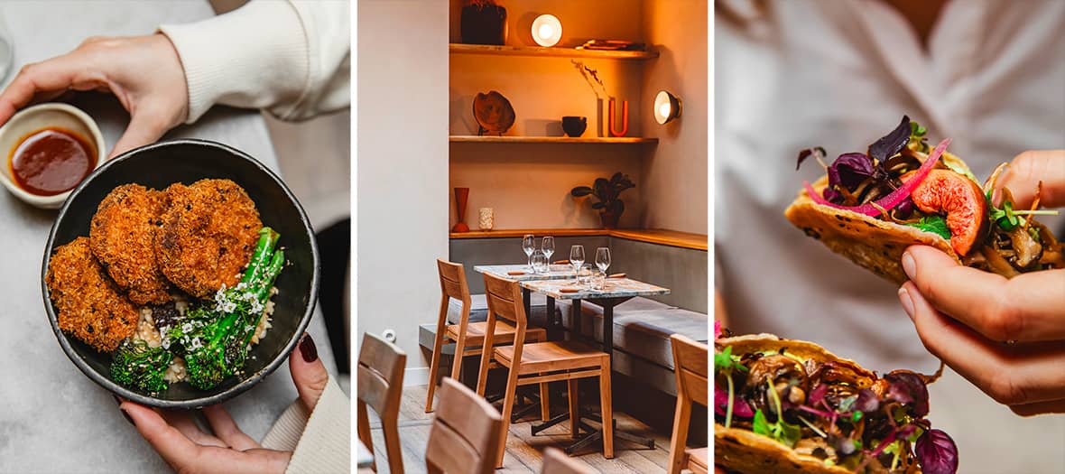 Assiette v&eacute;g&eacute;tarienne et tacos gourmets chez Mesa au Hoy, restaurant v&eacute;g&eacute;tal &agrave; la d&eacute;co minimaliste et chaleureuse &agrave; Paris.