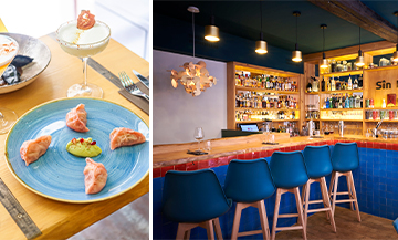 Decoration of the cocktail bar and dish of corn empanadas, teriyaki beef from Sin Ko Restaurant