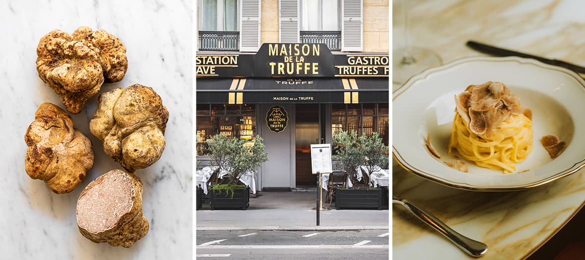 Gros plan sur des truffes blanches, devanture de la Maison de la Truffe à Paris et assiette de pâtes à la truffe blanche.