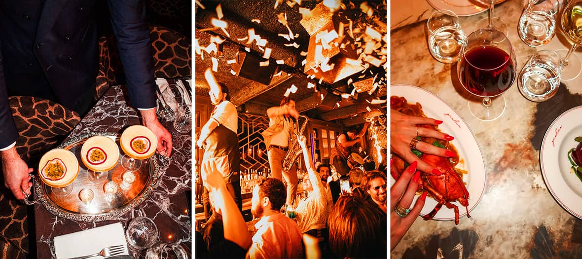 Ambiance festive dans un nouveau lieu de nuit à Paris mêlant restaurant gastronomique, cocktails, musique live et soirées animées.