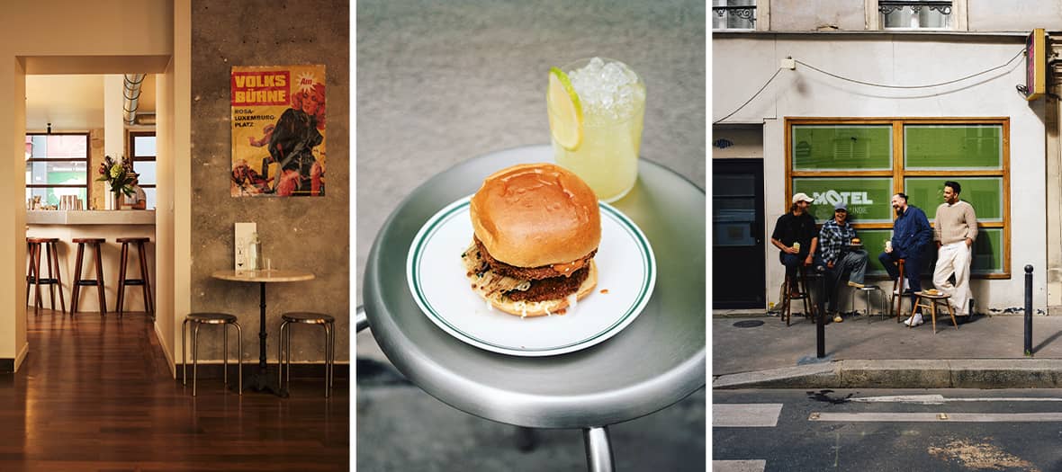 Comptoir du bar Superfine à Paris, burger servi avec boisson sur une table en acier et groupe de clients devant la façade du dive bar.